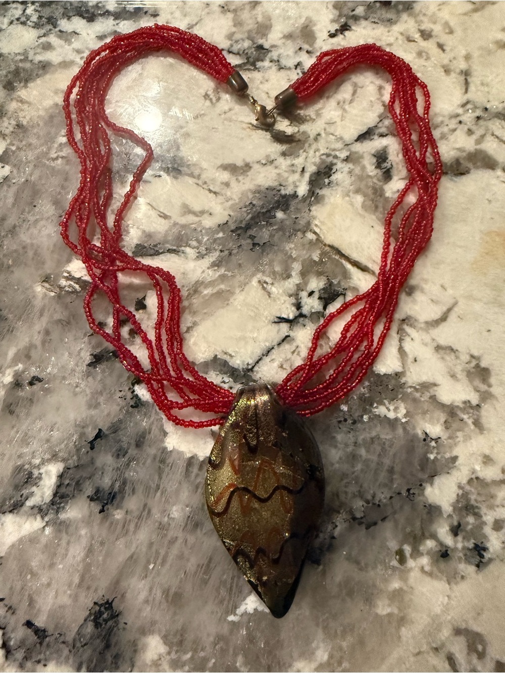 Dichroic Glass Pendant‎ Necklace Artisan Foiled Red Seed Bead Multi Strand 19”